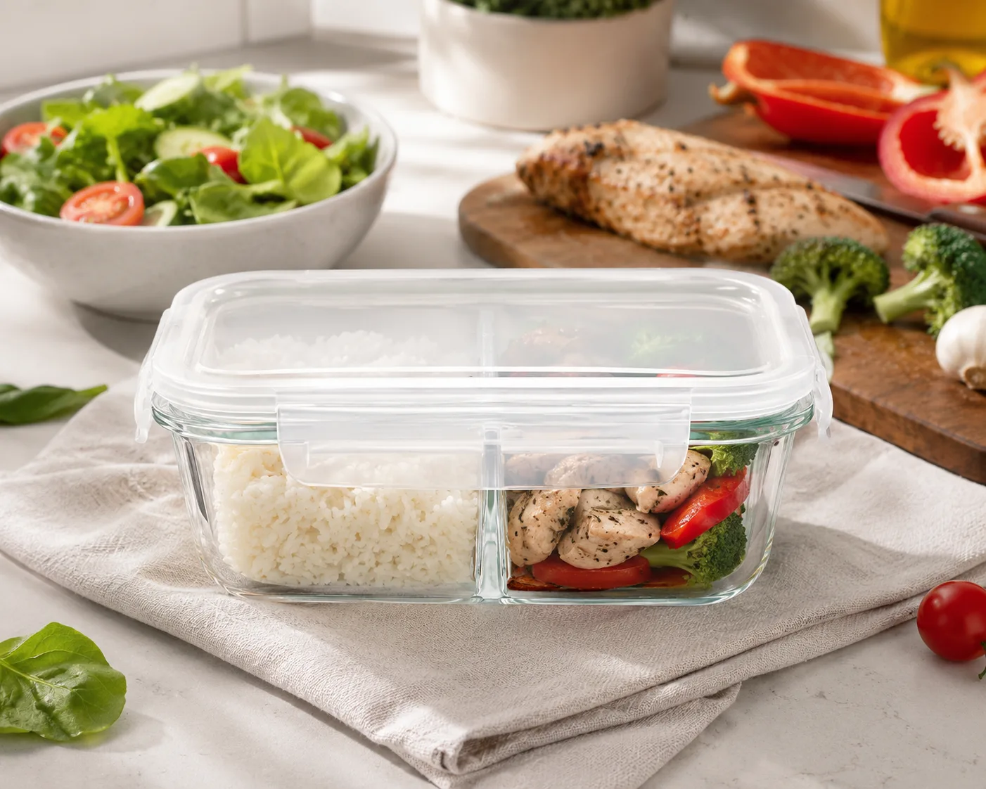Divided Glass Meal Prep Container in a kitchen or food-storage setting for divided meal preparation and portion storage.