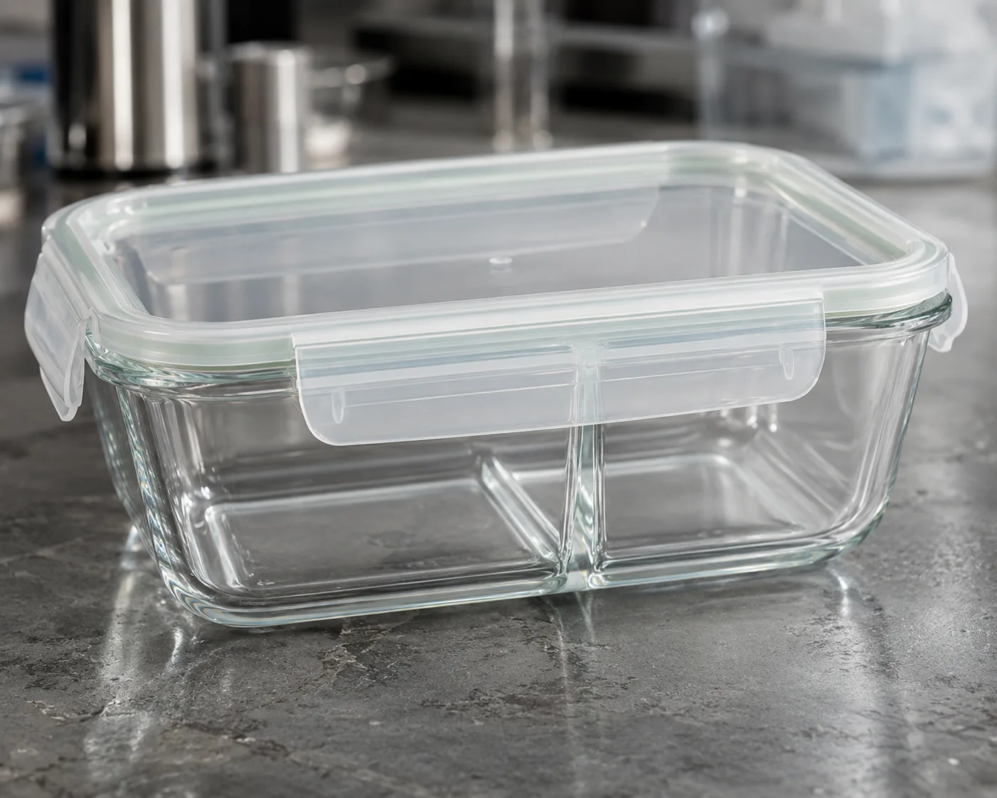 Divided Glass Meal Prep Container in a coordinated pantry or meal-preparation display.