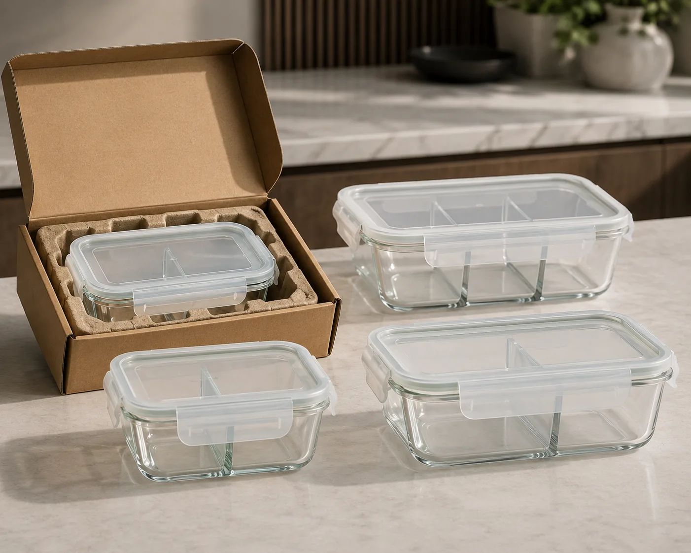 Close-up of Divided Glass Meal Prep Container showing the glass body, rim and base detail.
