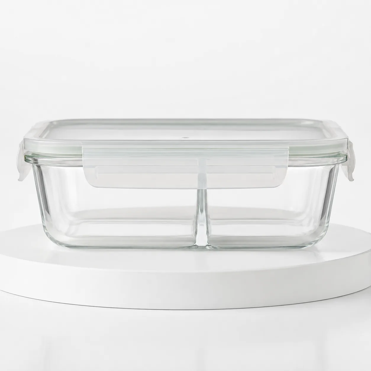 Divided Glass Meal Prep Container front view with visible divided meal prep container form