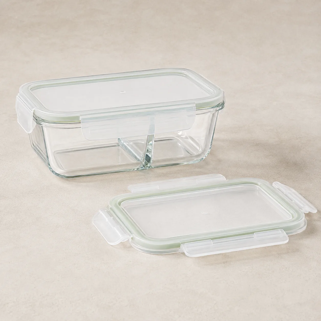 Angled side view of Divided Glass Meal Prep Container showing the outer profile