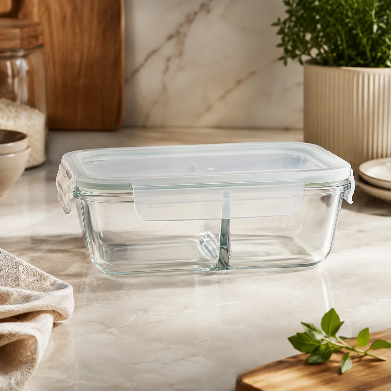 Detail view of Divided Glass Meal Prep Container showing accessory confirmed according to selected model
