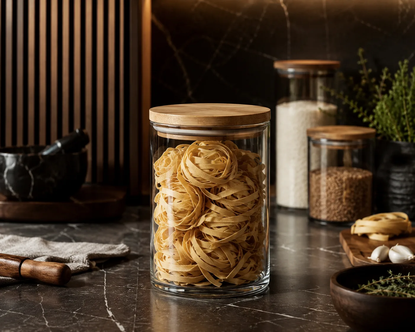 Dry Food Storage Jar in a kitchen or food-storage setting for grains and pasta.
