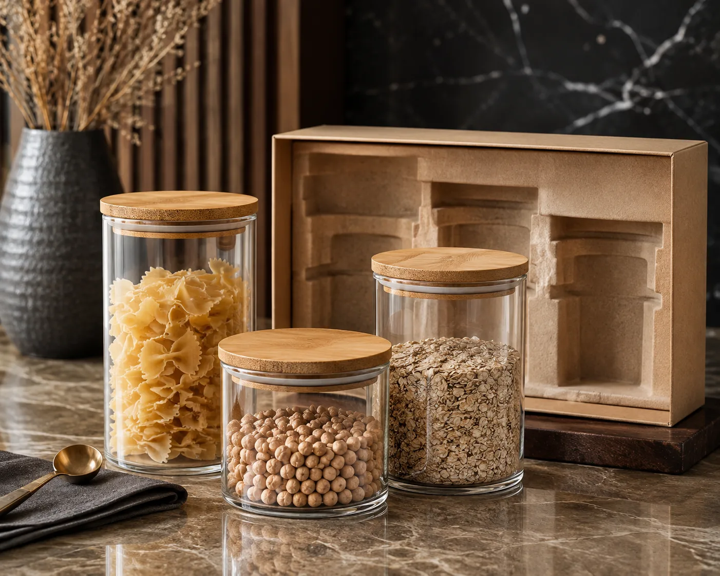 Close-up of Dry Food Storage Jar showing the glass body, rim and base detail.