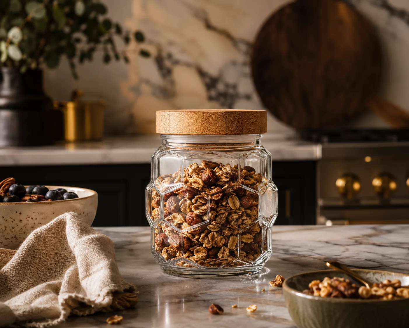 Faceted Food Jar in a kitchen or food-storage setting for dry foods and condiments.