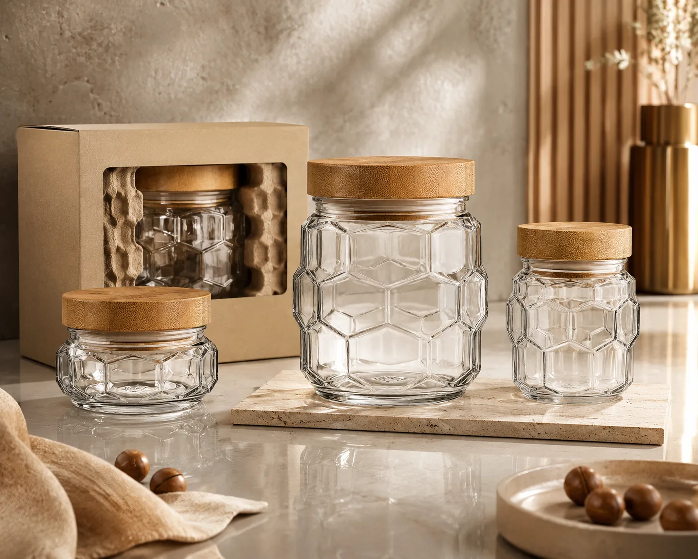 Close-up of Faceted Food Jar showing the glass body, rim and base detail.
