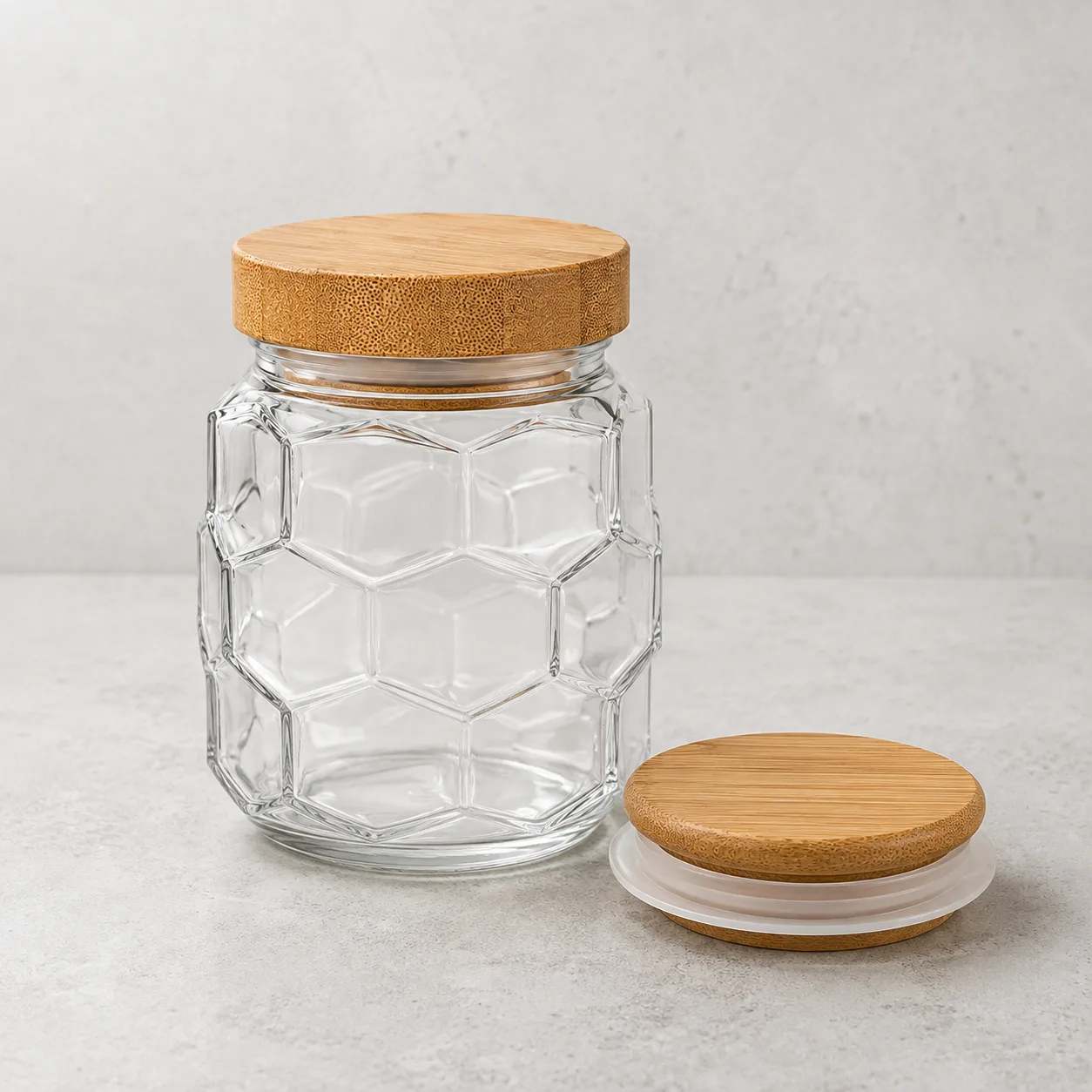 Angled side view of Faceted Food Jar showing the outer profile
