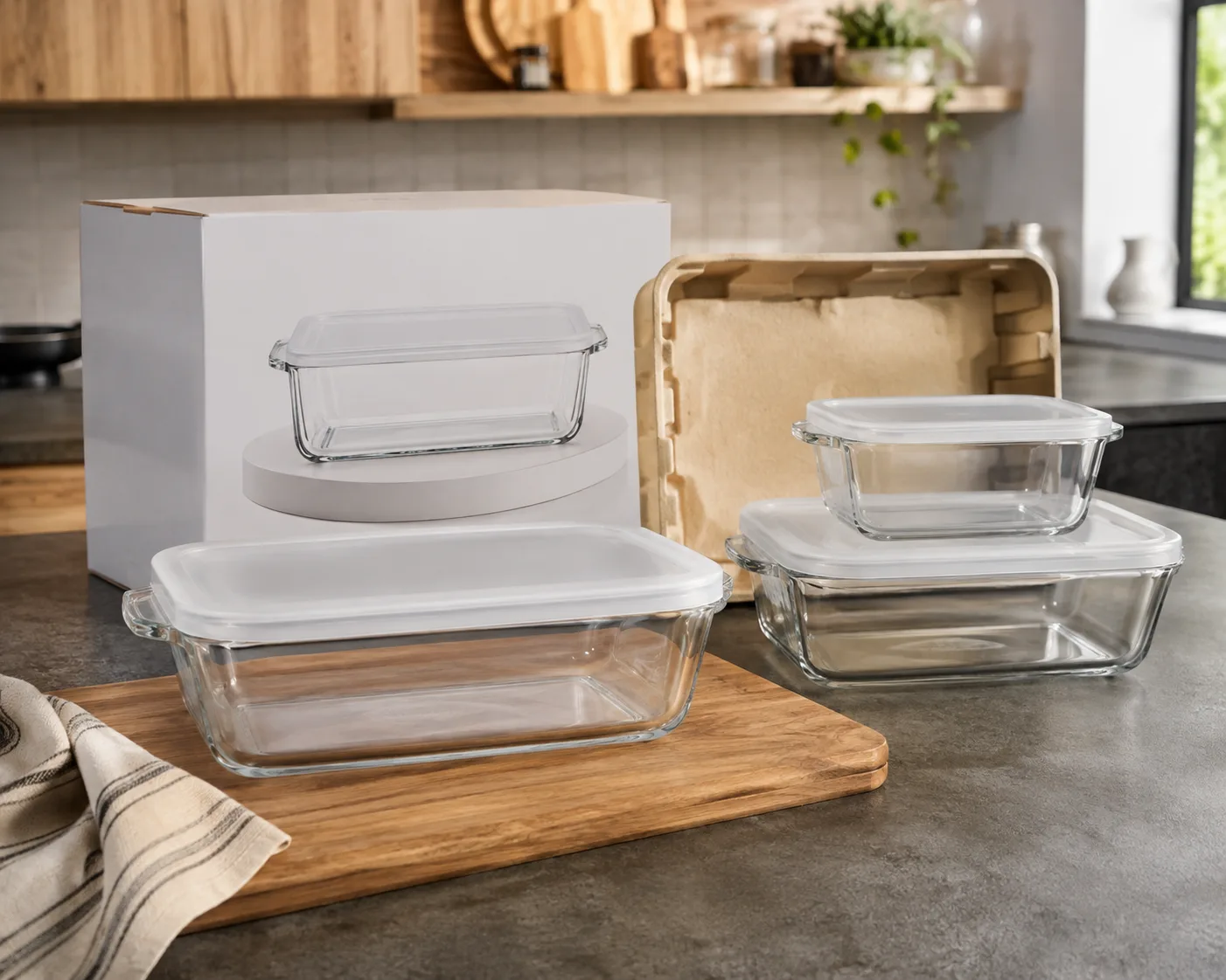 Close-up of Glass Baking Dish with Lid showing the glass body, rim and base detail.