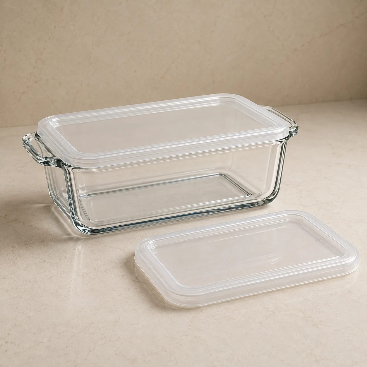 Angled side view of Glass Baking Dish with Lid showing the outer profile