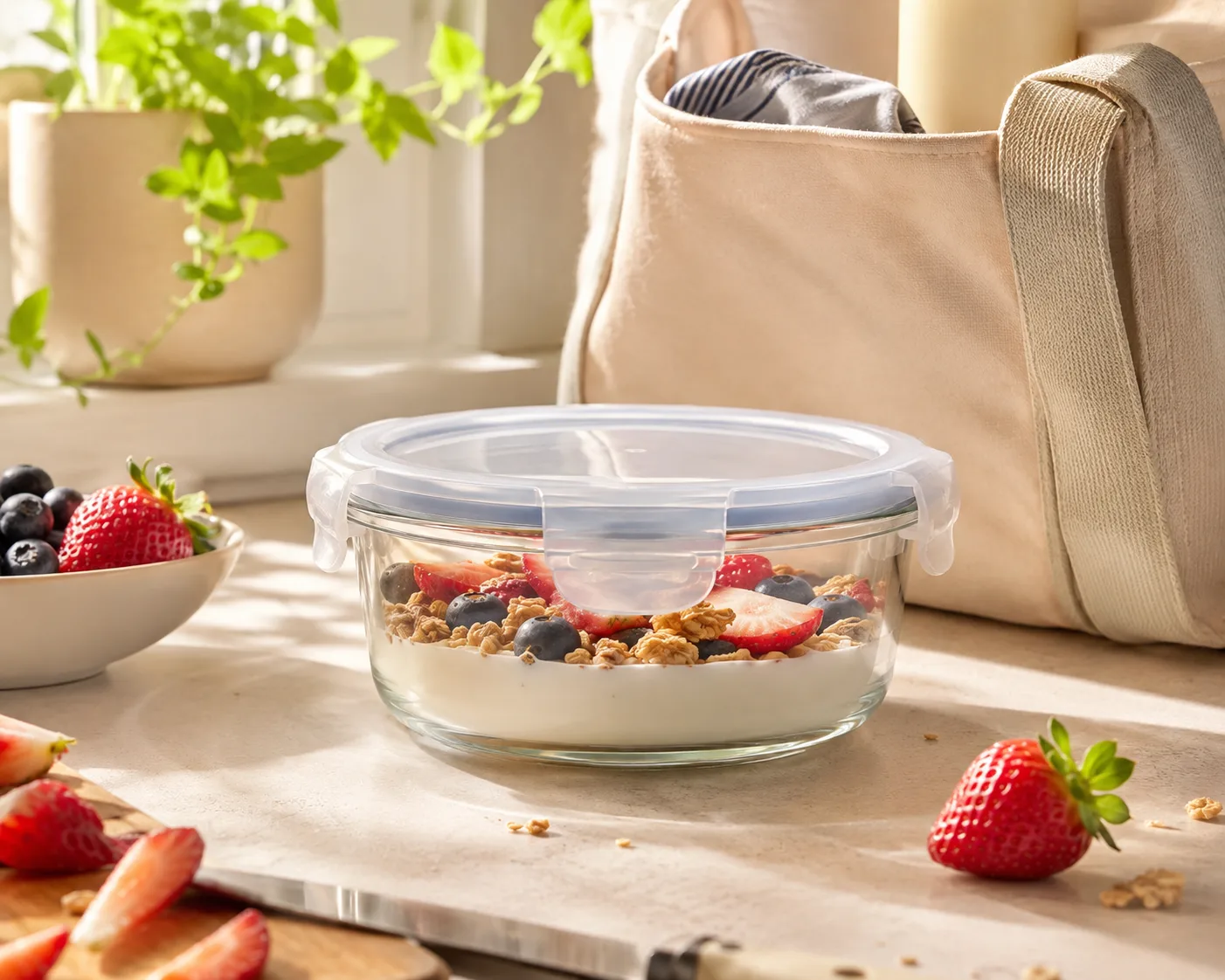 Glass Food Storage Bowl with Lid in a kitchen or food-storage setting for meal storage and leftovers.