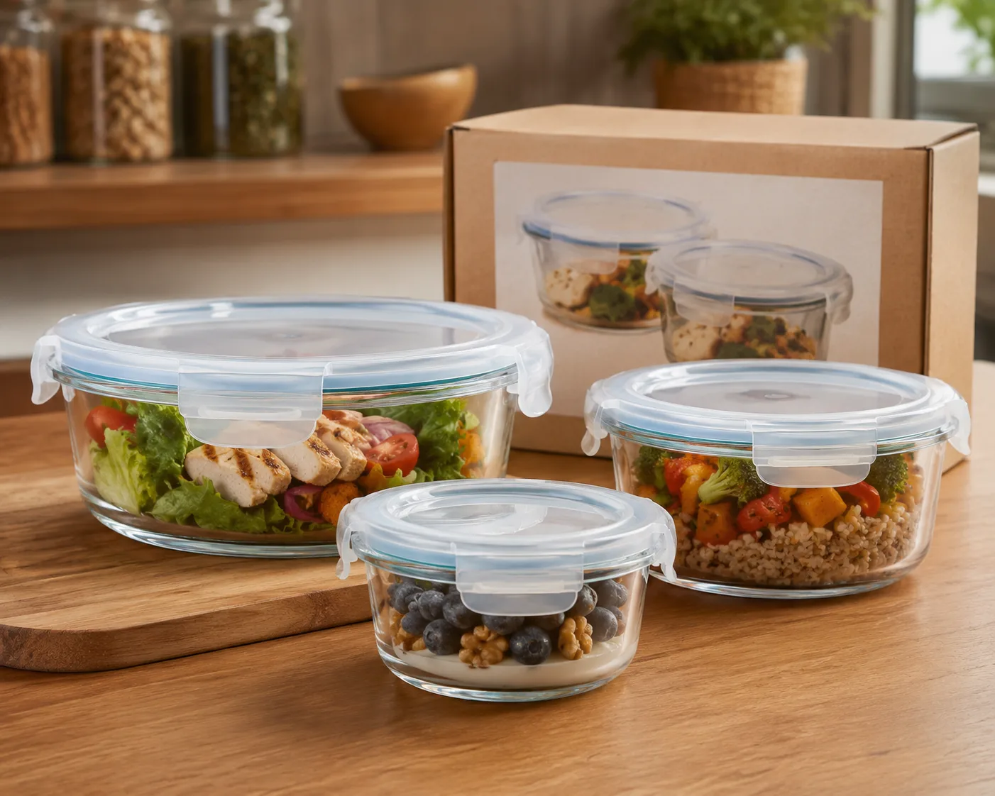 Close-up of Glass Food Storage Bowl with Lid showing the glass body, rim and base detail.