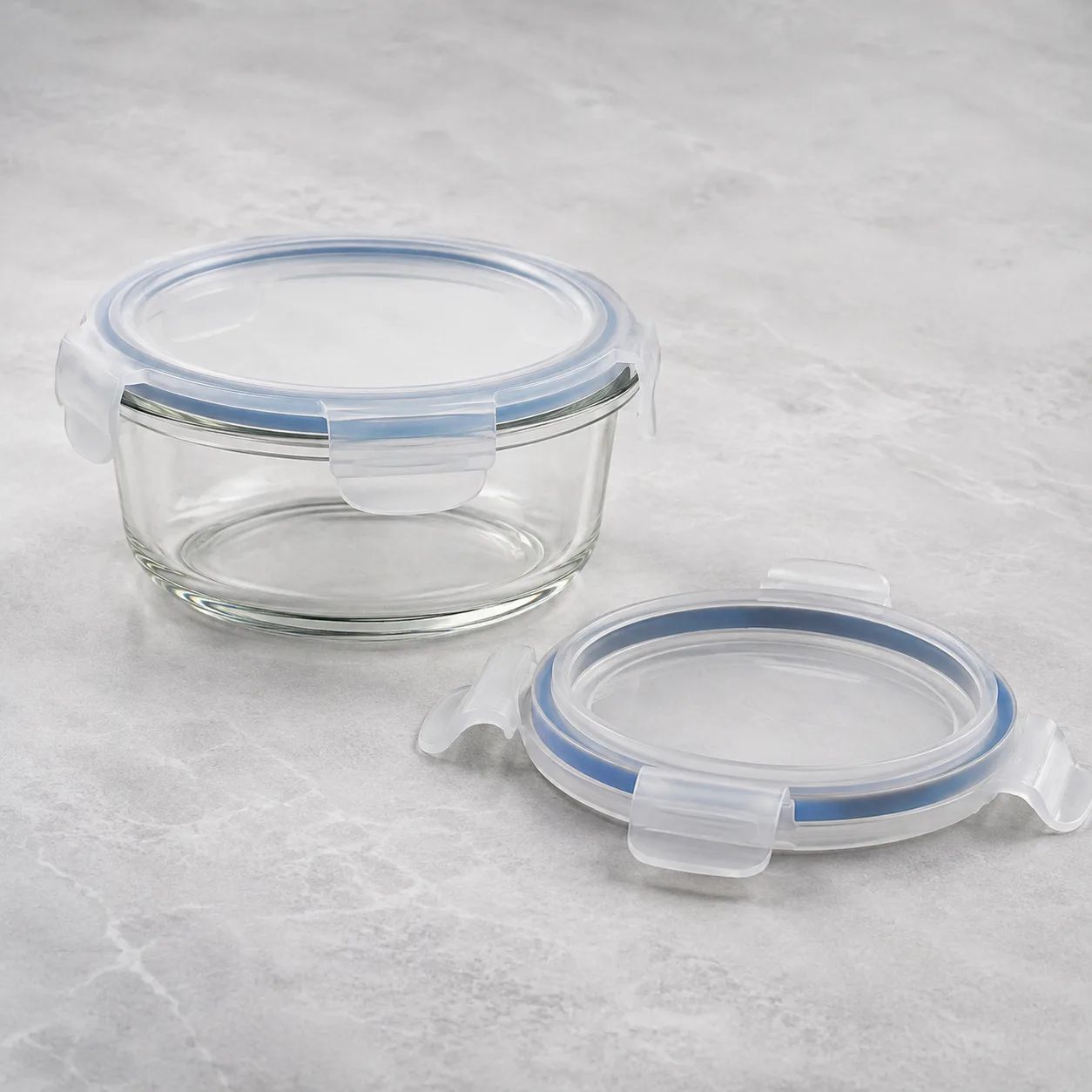 Angled side view of Glass Food Storage Bowl with Lid showing the outer profile