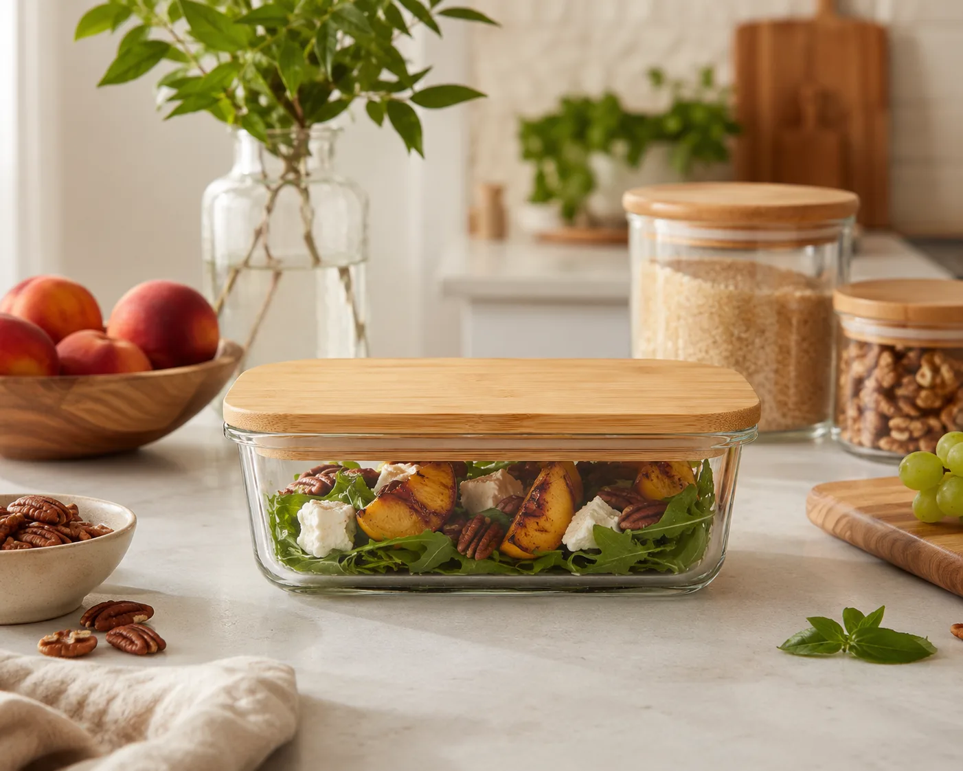 Glass Food Storage Container with Bamboo Lid in a kitchen or food-storage setting for pantry storage and meal preparation.