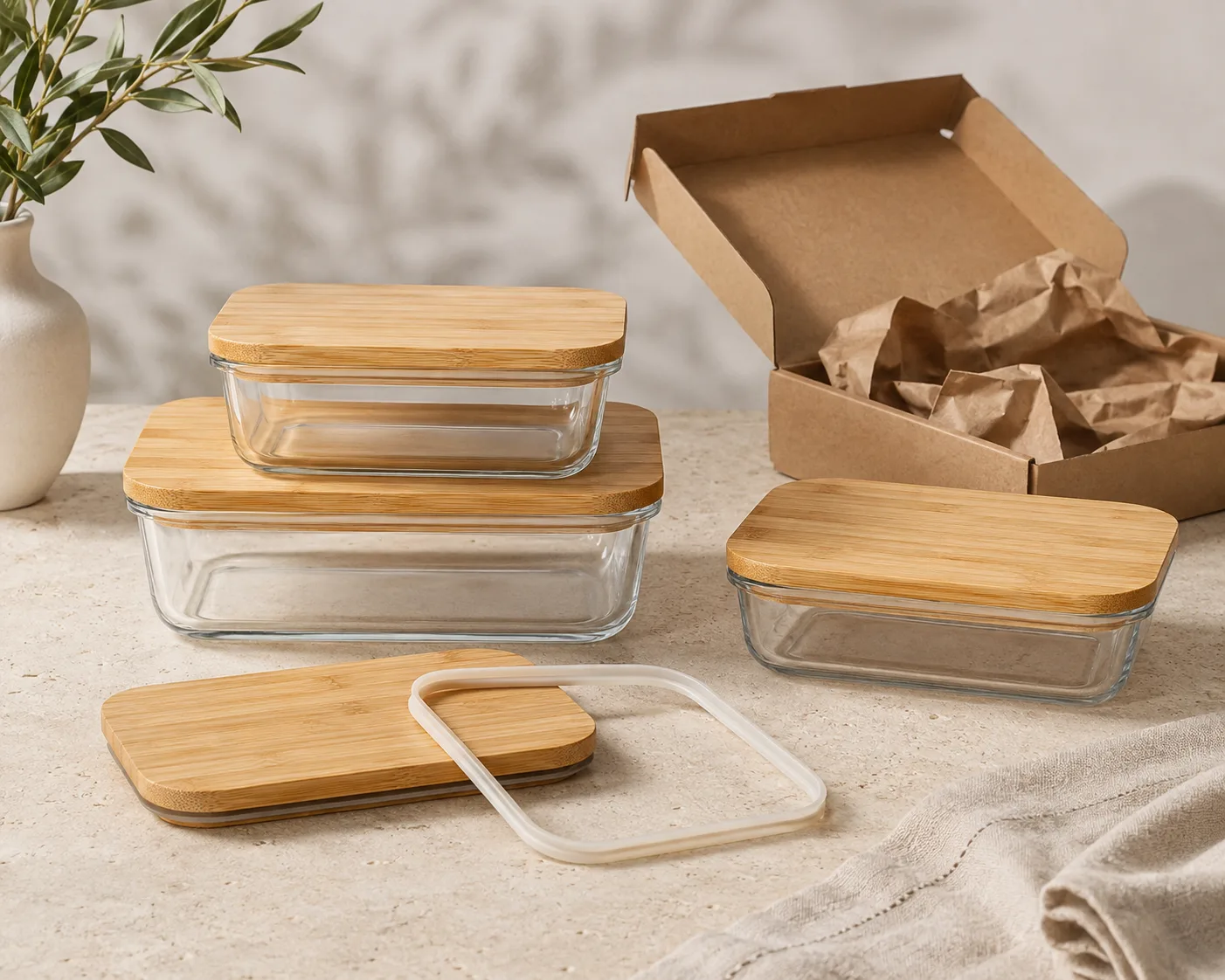 Glass Food Storage Container with Bamboo Lid shown from a secondary angle with the opening and container profile visible.