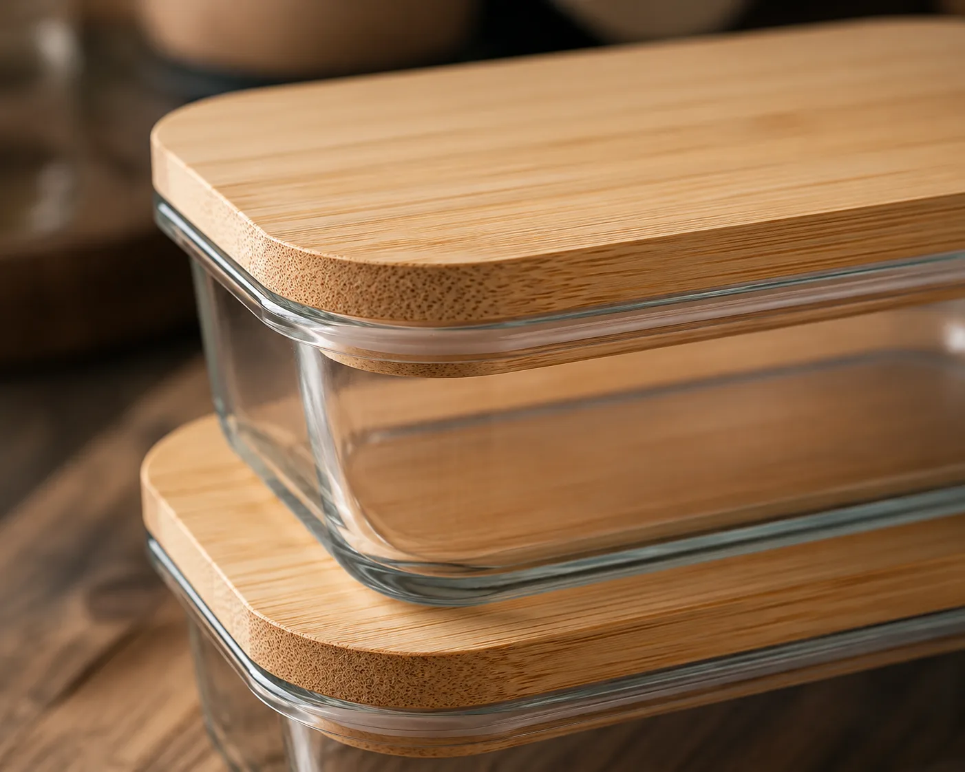 Glass Food Storage Container with Bamboo Lid in a coordinated pantry or meal-preparation display.