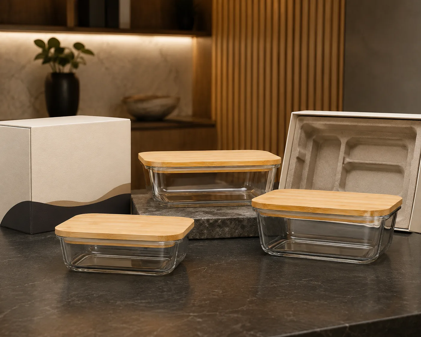 Close-up of Glass Food Storage Container with Bamboo Lid showing the glass body, rim and base detail.