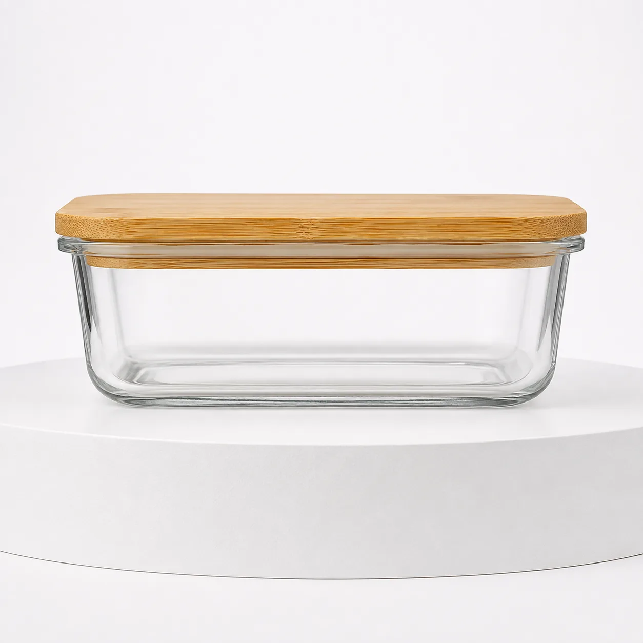 Glass Food Storage Container with Bamboo Lid front view with visible food storage container with bamboo lid form