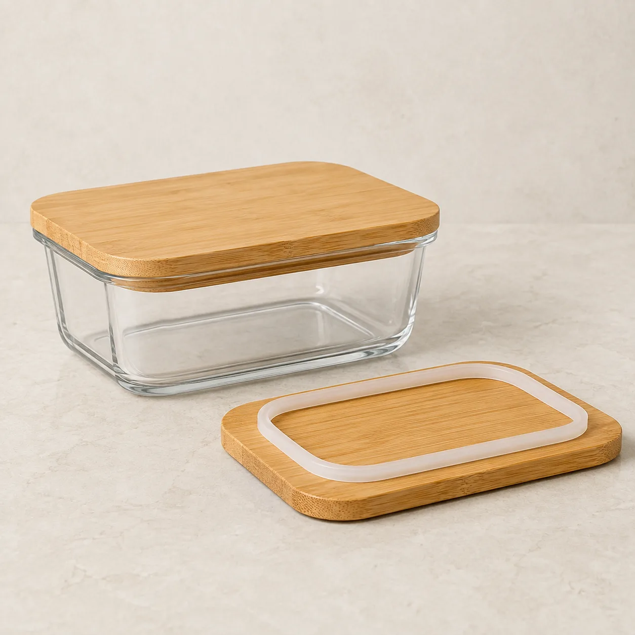 Angled side view of Glass Food Storage Container with Bamboo Lid showing the outer profile