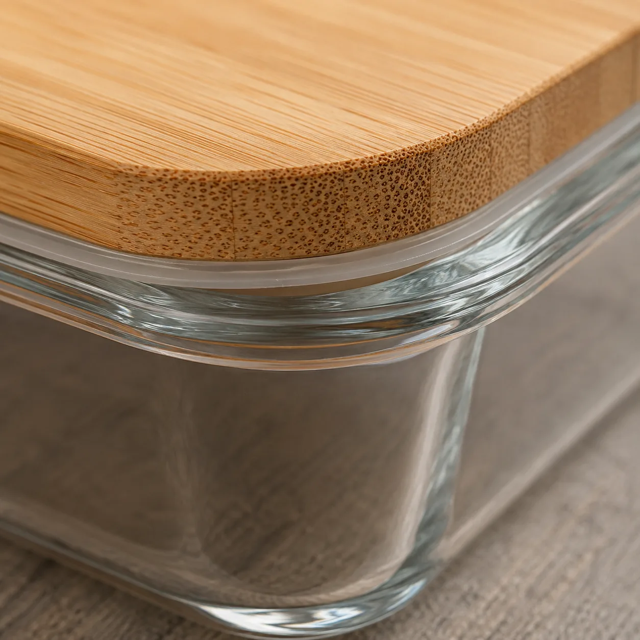 Close view of Glass Food Storage Container with Bamboo Lid showing glass wall and label / lid branding