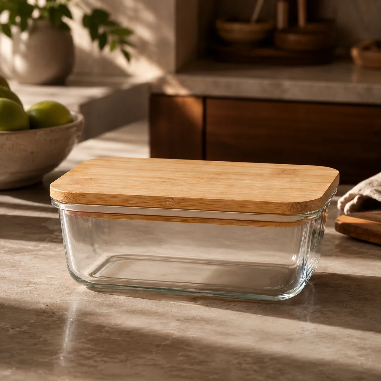 Detail view of Glass Food Storage Container with Bamboo Lid showing bamboo lid by selected model