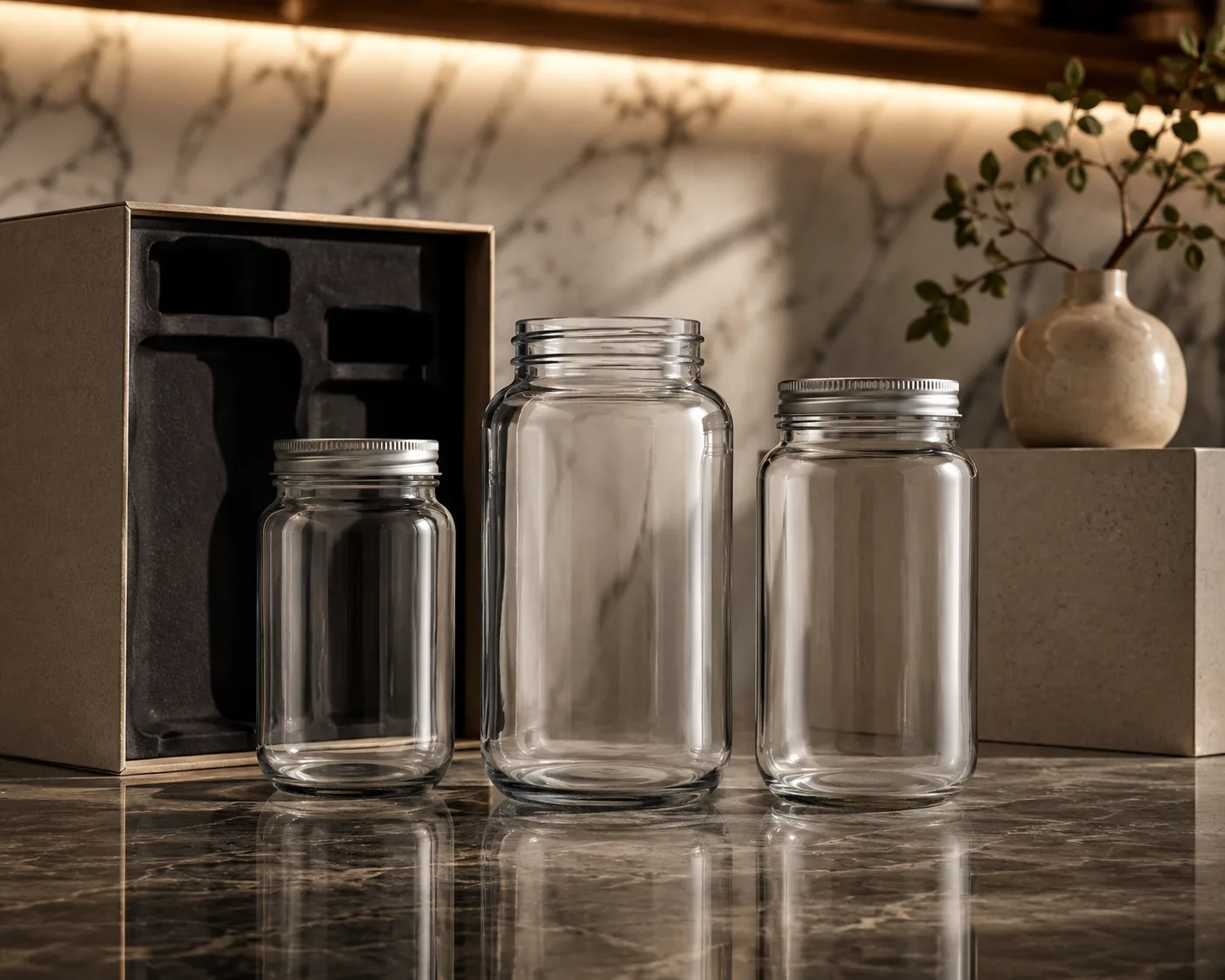 Close-up of Glass Food Storage Jar showing the glass body, rim and base detail.