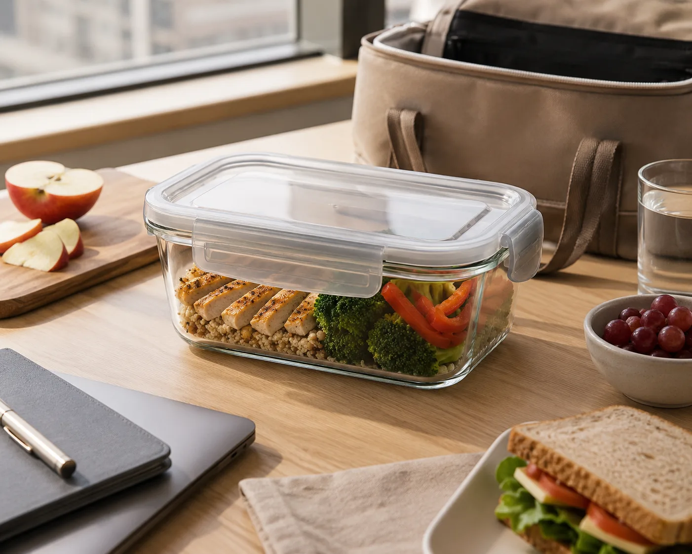 Glass Lunch Box with Lid in a kitchen or food-storage setting for lunch and meal preparation.