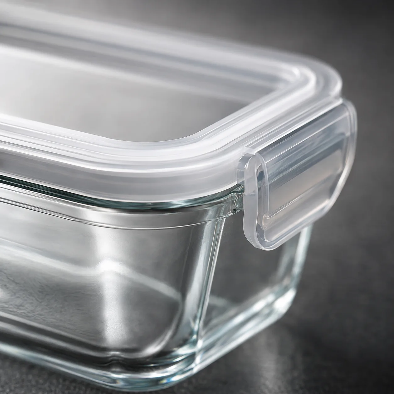 Close view of Glass Lunch Box with Lid showing glass wall and label / lid branding
