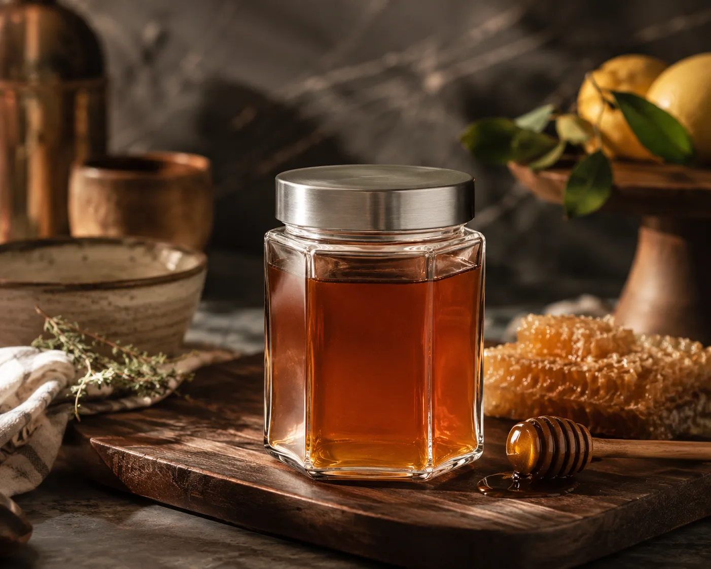 Hexagon Food Jar in a kitchen or food-storage setting for jam and honey.