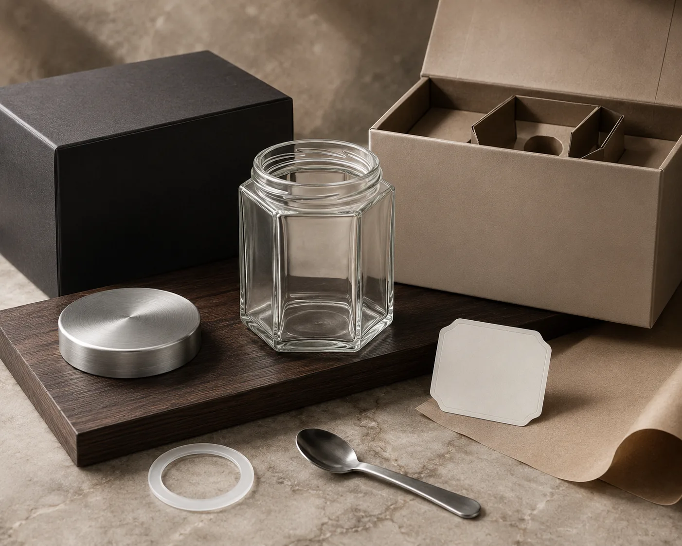 Hexagon Food Jar shown from a secondary angle with the opening and container profile visible.