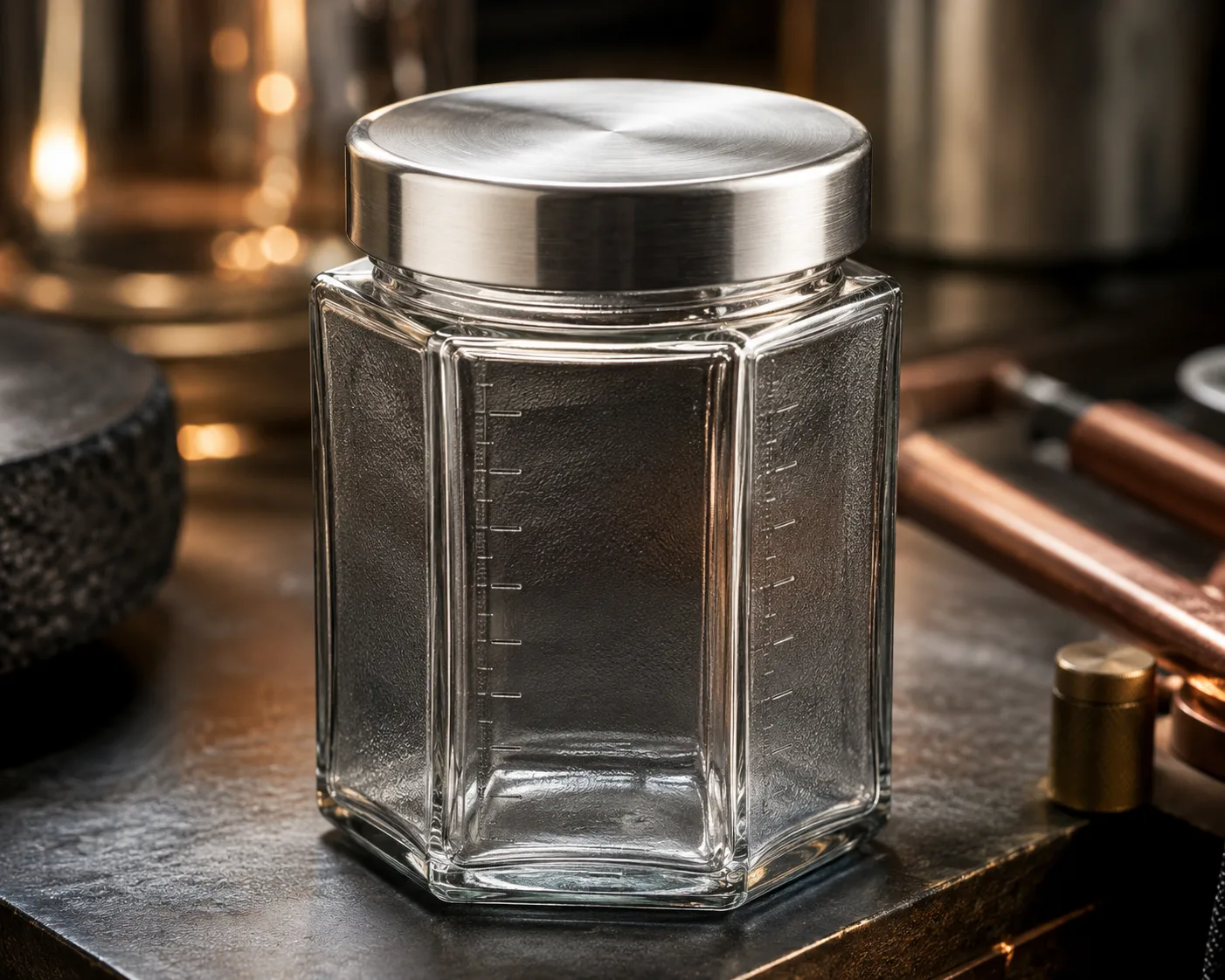Hexagon Food Jar in a coordinated pantry or meal-preparation display.