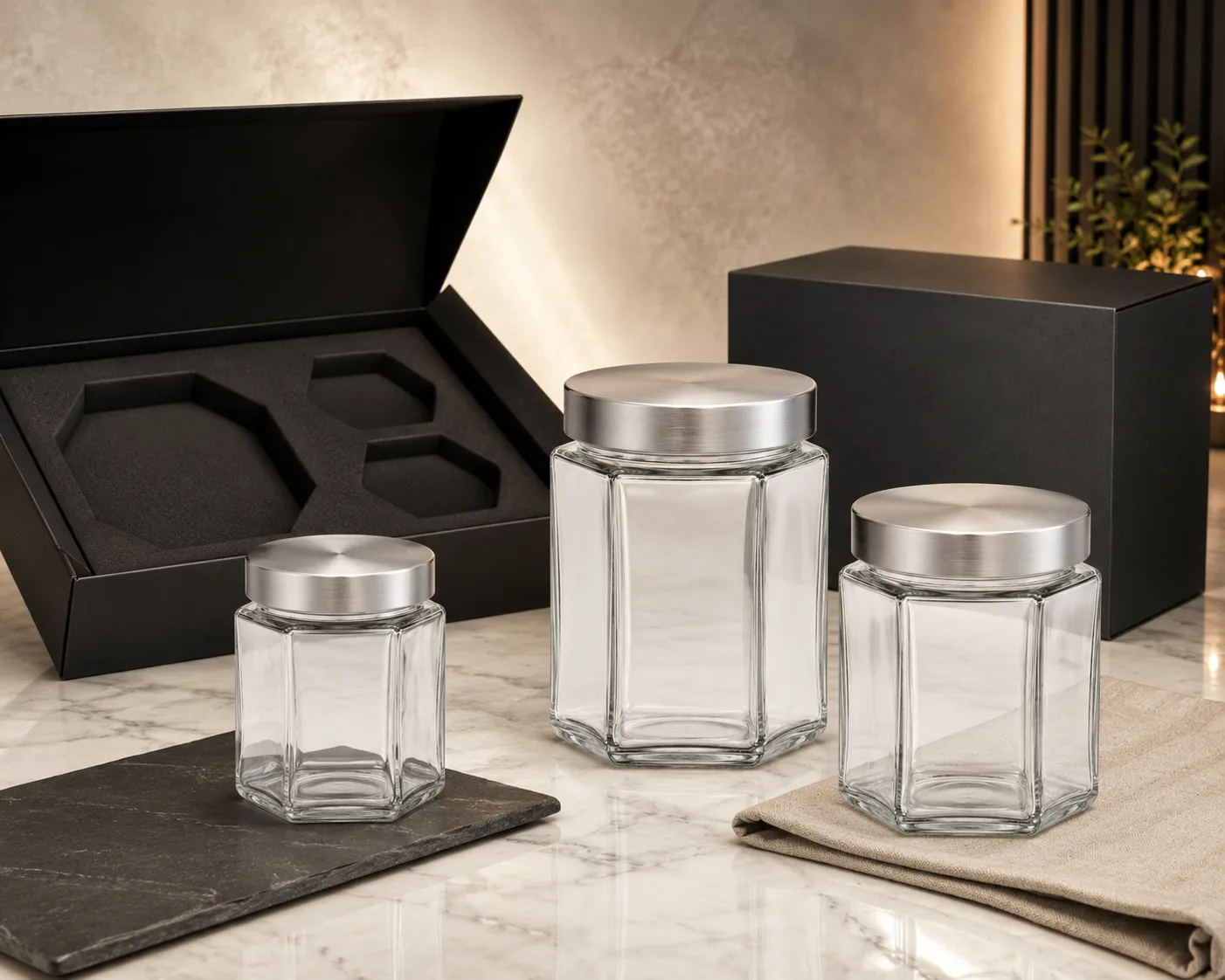 Close-up of Hexagon Food Jar showing the glass body, rim and base detail.