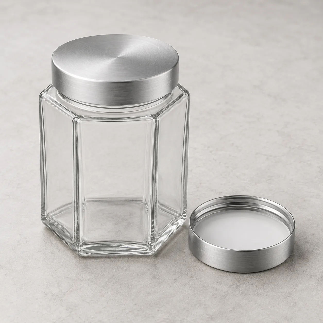 Angled side view of Hexagon Food Jar showing the outer profile