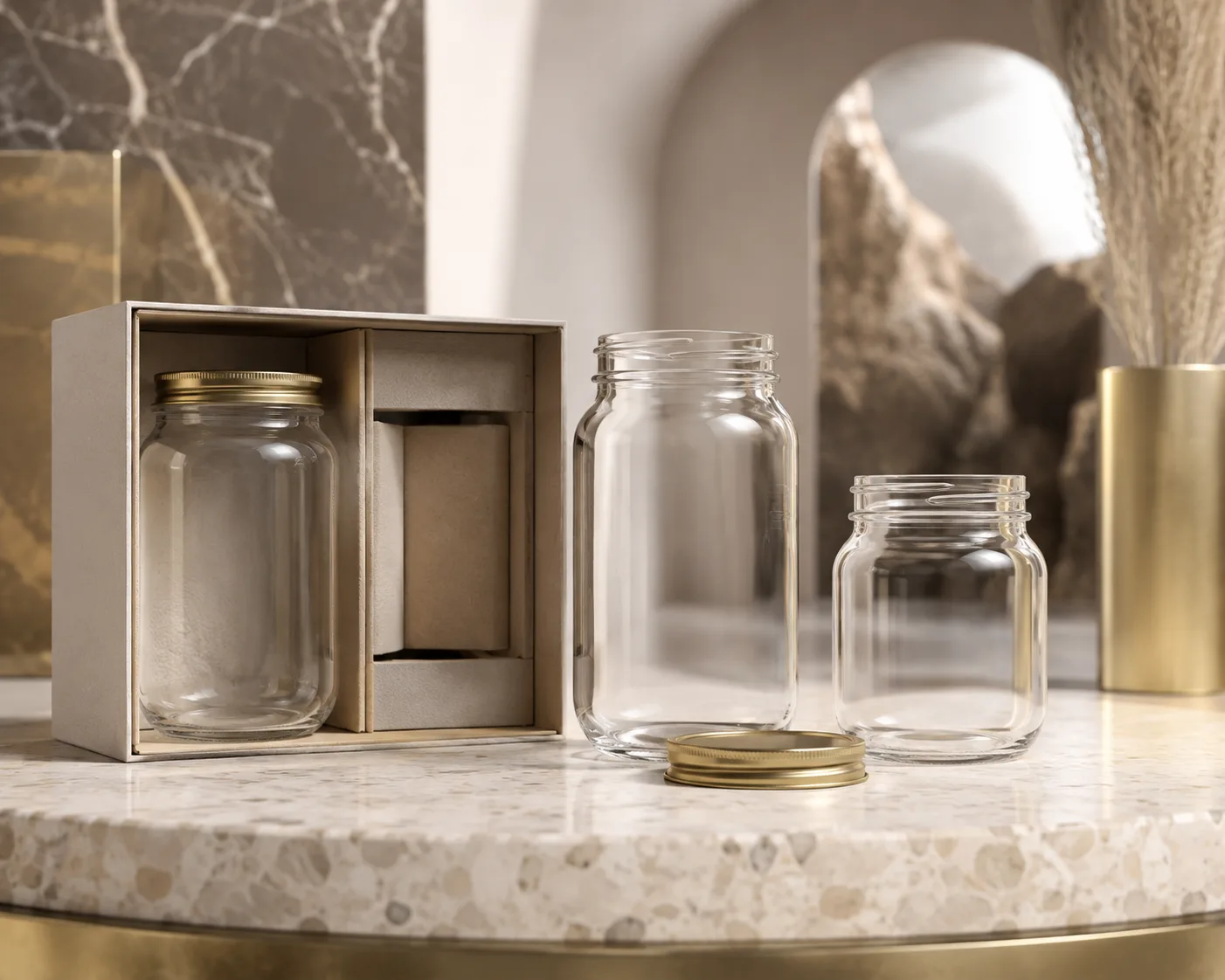 Close-up of Mason Jar showing the glass body, rim and base detail.