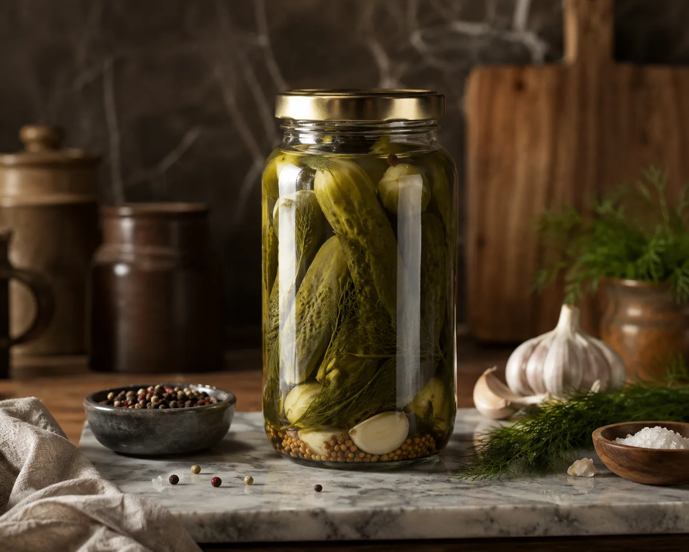 Pickle Jar in a kitchen or food-storage setting for pickles and preserves.
