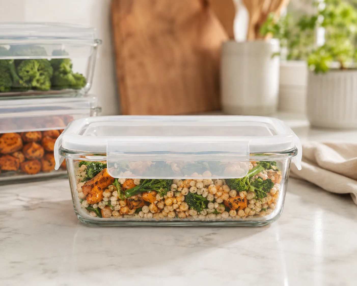 Rectangular Glass Food Storage Container in a kitchen or food-storage setting for meal preparation and leftovers.