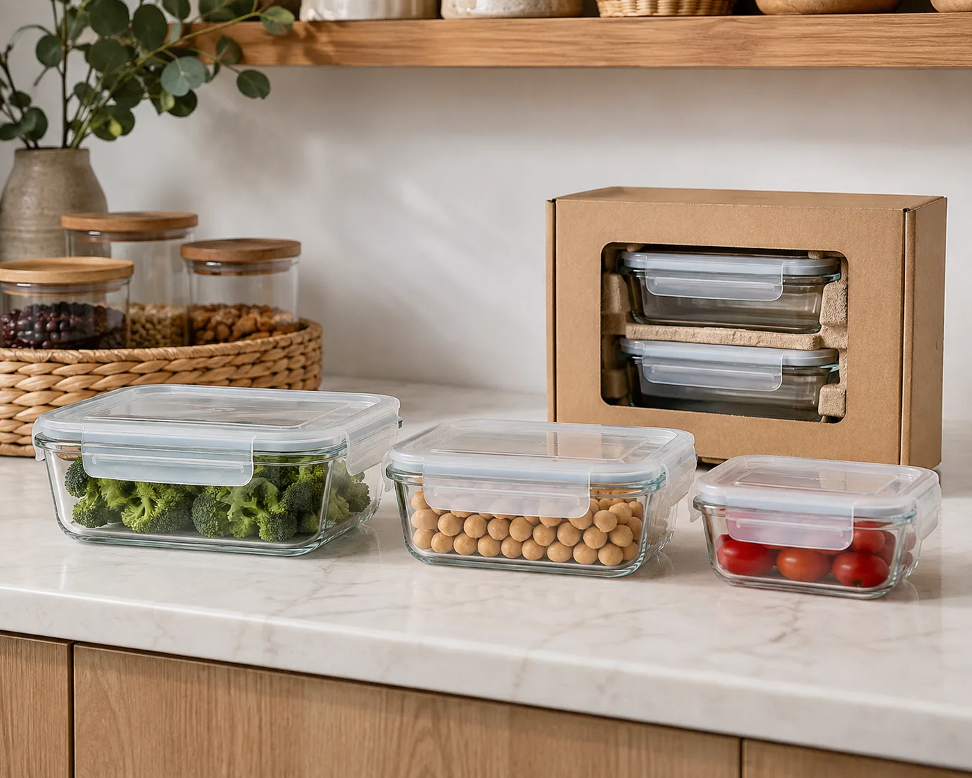 Close-up of Rectangular Glass Food Storage Container showing the glass body, rim and base detail.