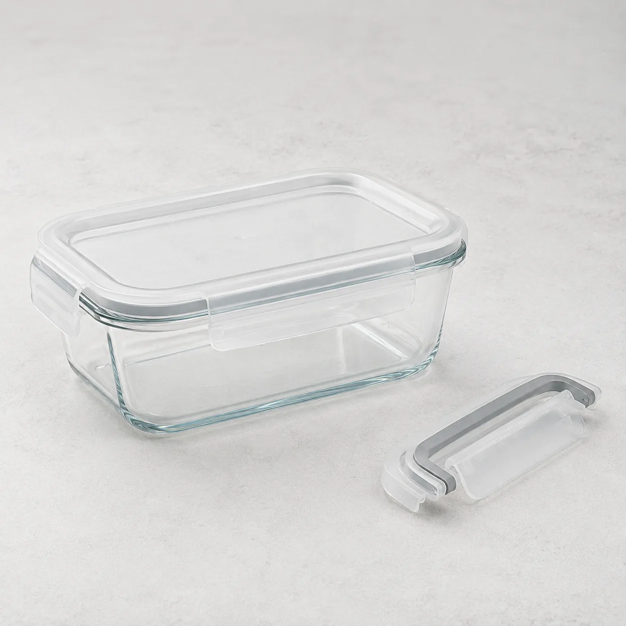 Angled side view of Rectangular Glass Food Storage Container showing the outer profile