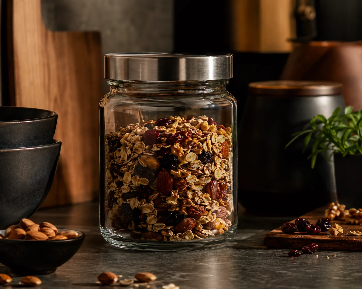 Round Food Jar in a kitchen or food-storage setting for jam and honey.