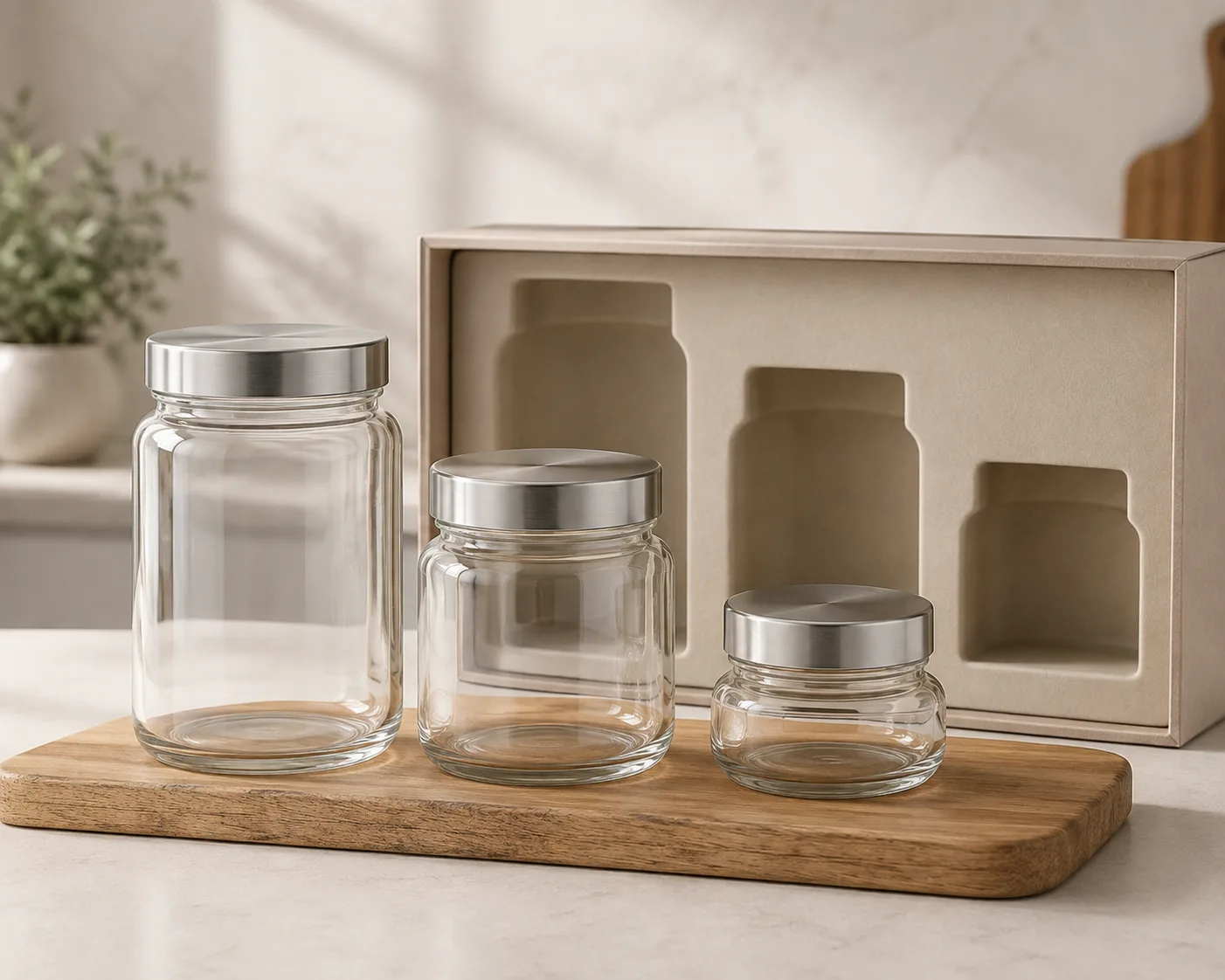 Close-up of Round Food Jar showing the glass body, rim and base detail.