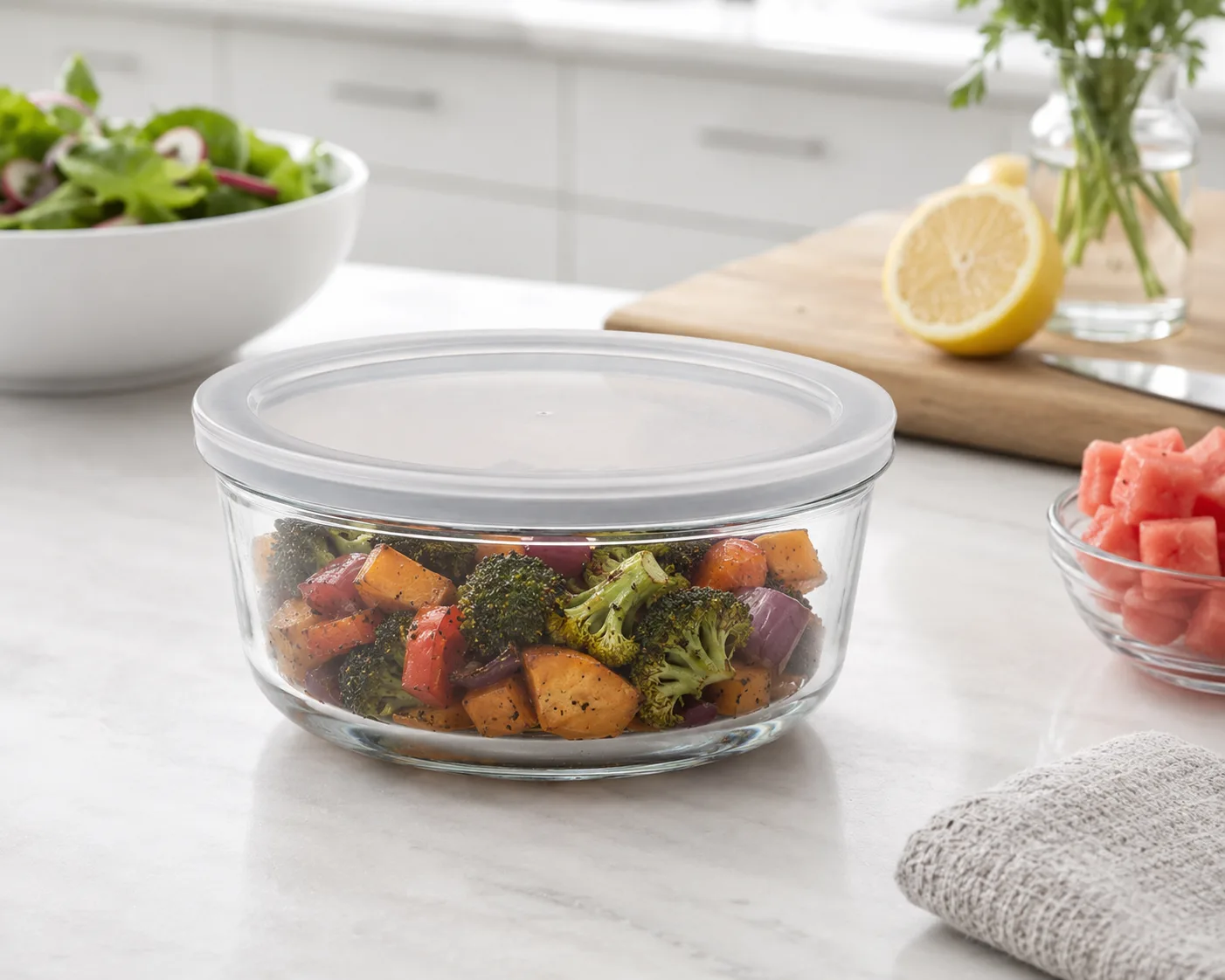 Round Glass Food Storage Bowl in a kitchen or food-storage setting for meal preparation and leftovers.