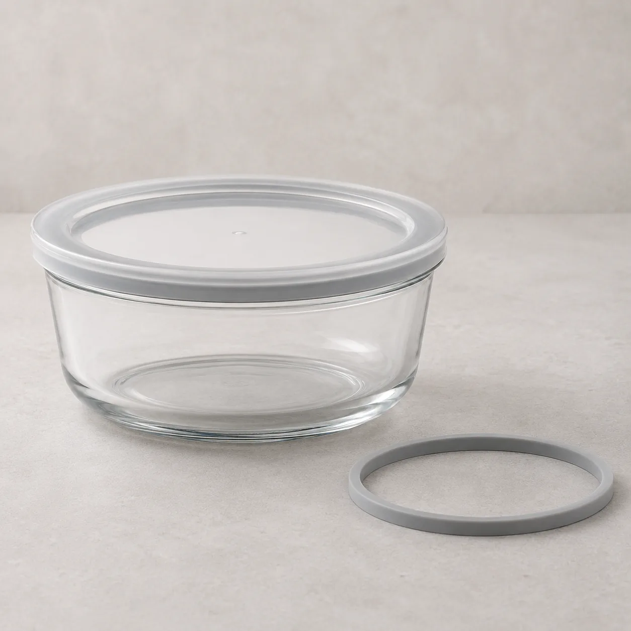 Angled side view of Round Glass Food Storage Bowl showing the outer profile