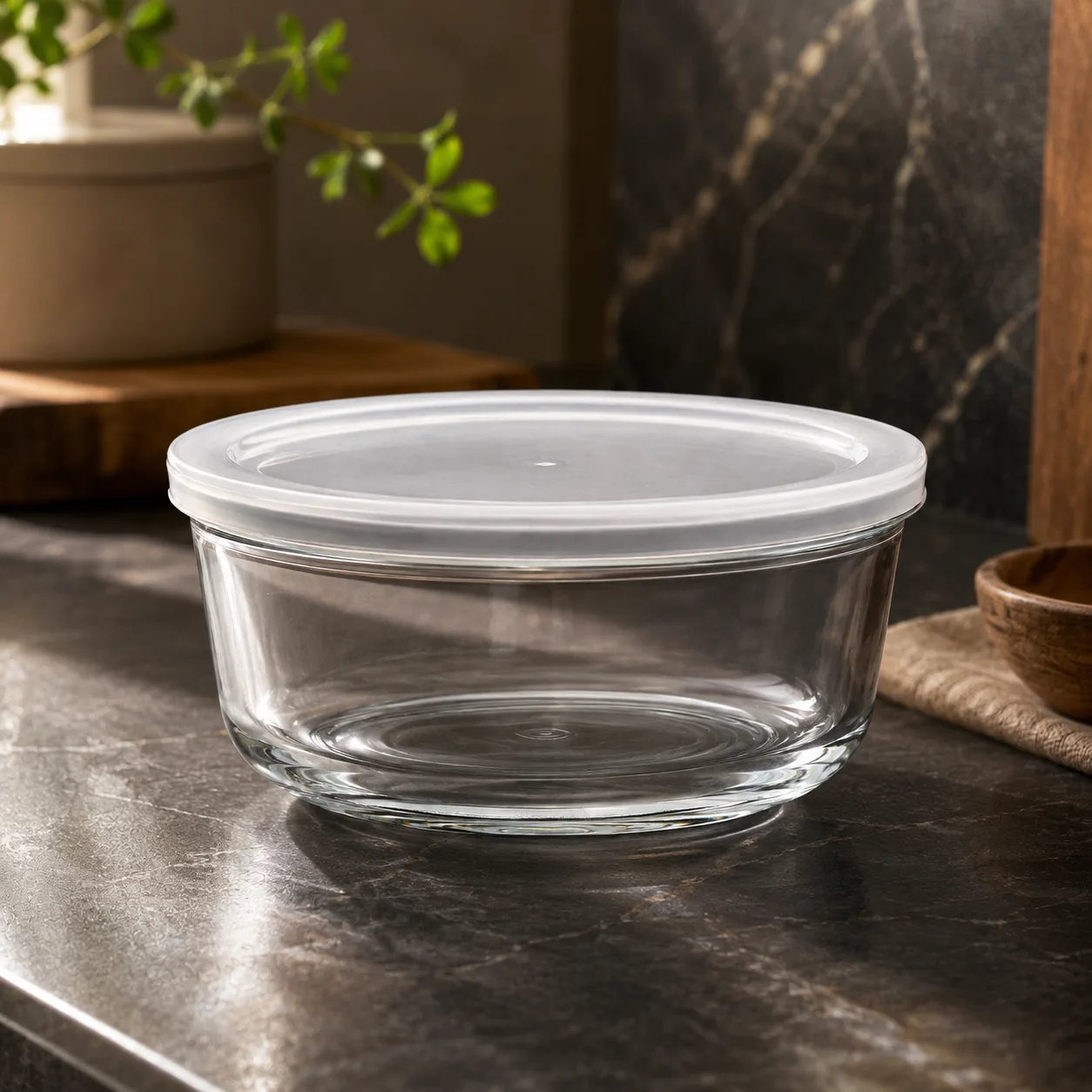 Detail view of Round Glass Food Storage Bowl showing accessory confirmed according to selected model
