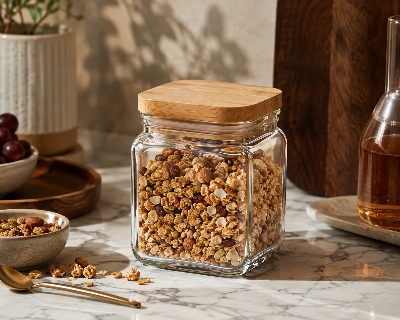 Square Food Jar in a kitchen or food-storage setting for spices and preserves.