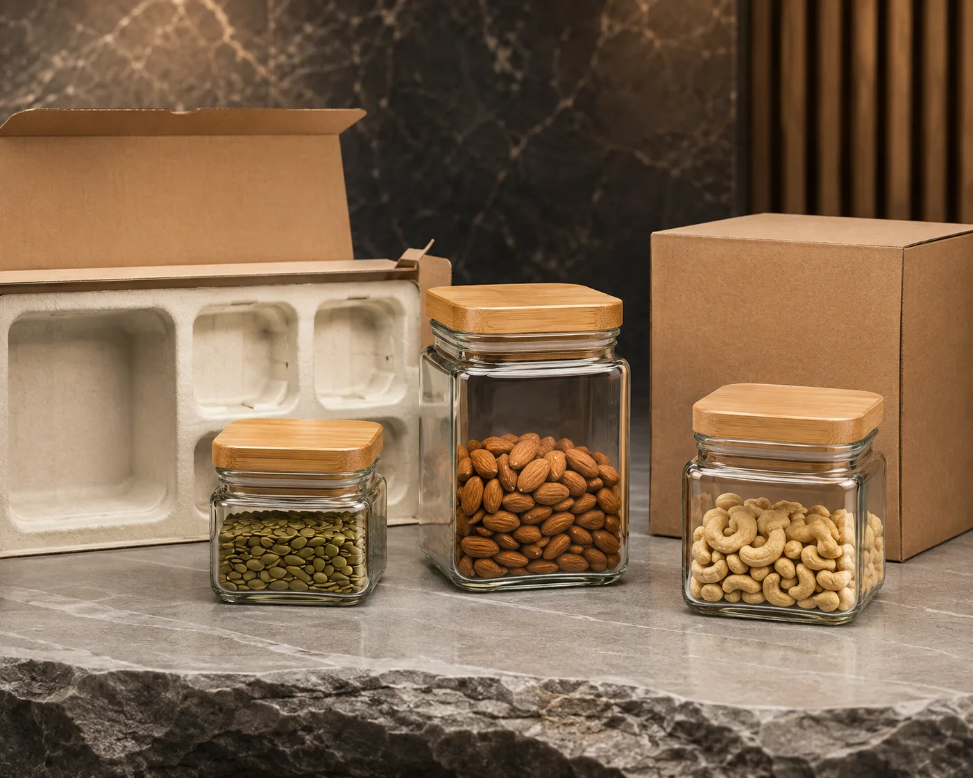Close-up of Square Food Jar showing the glass body, rim and base detail.