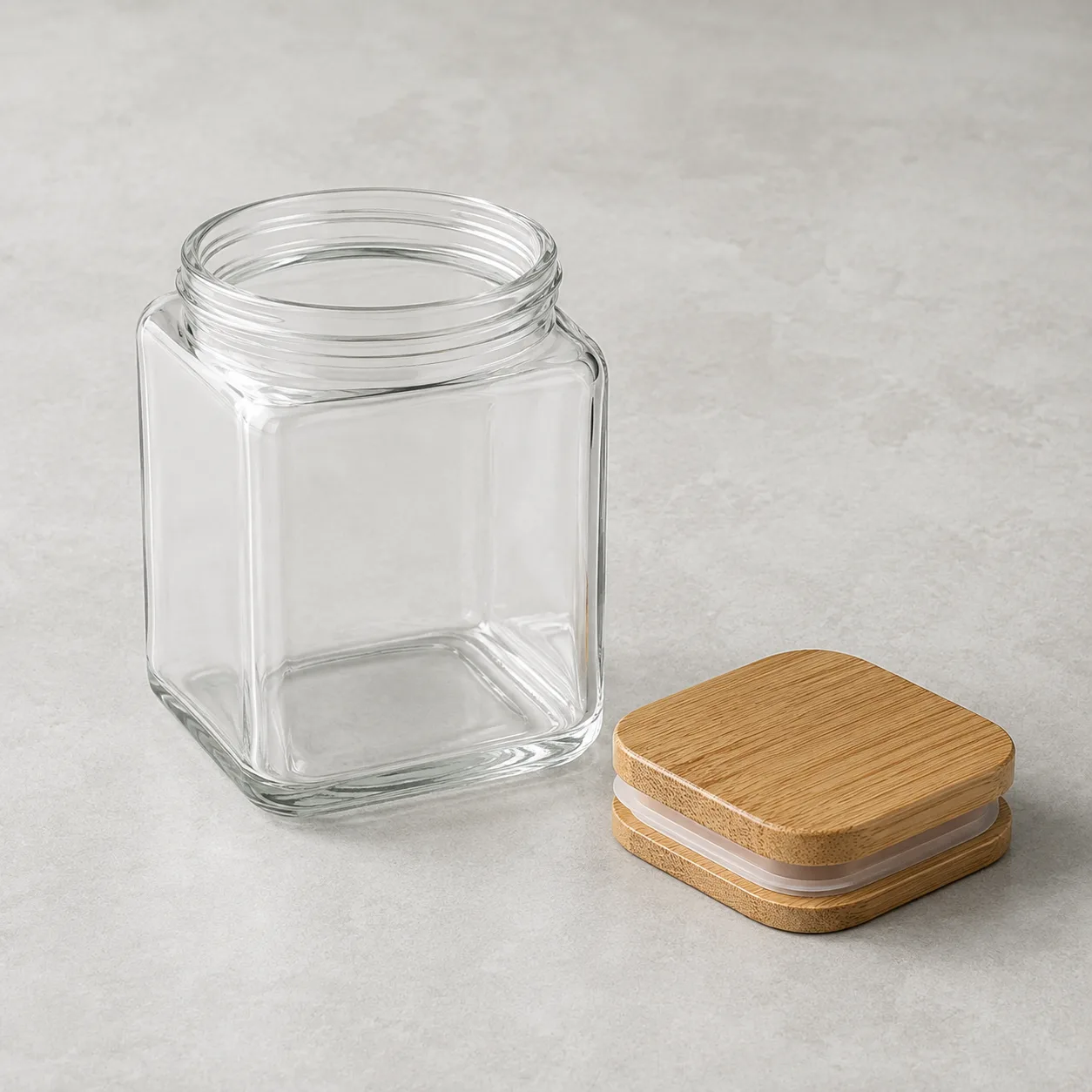 Angled side view of Square Food Jar showing the outer profile