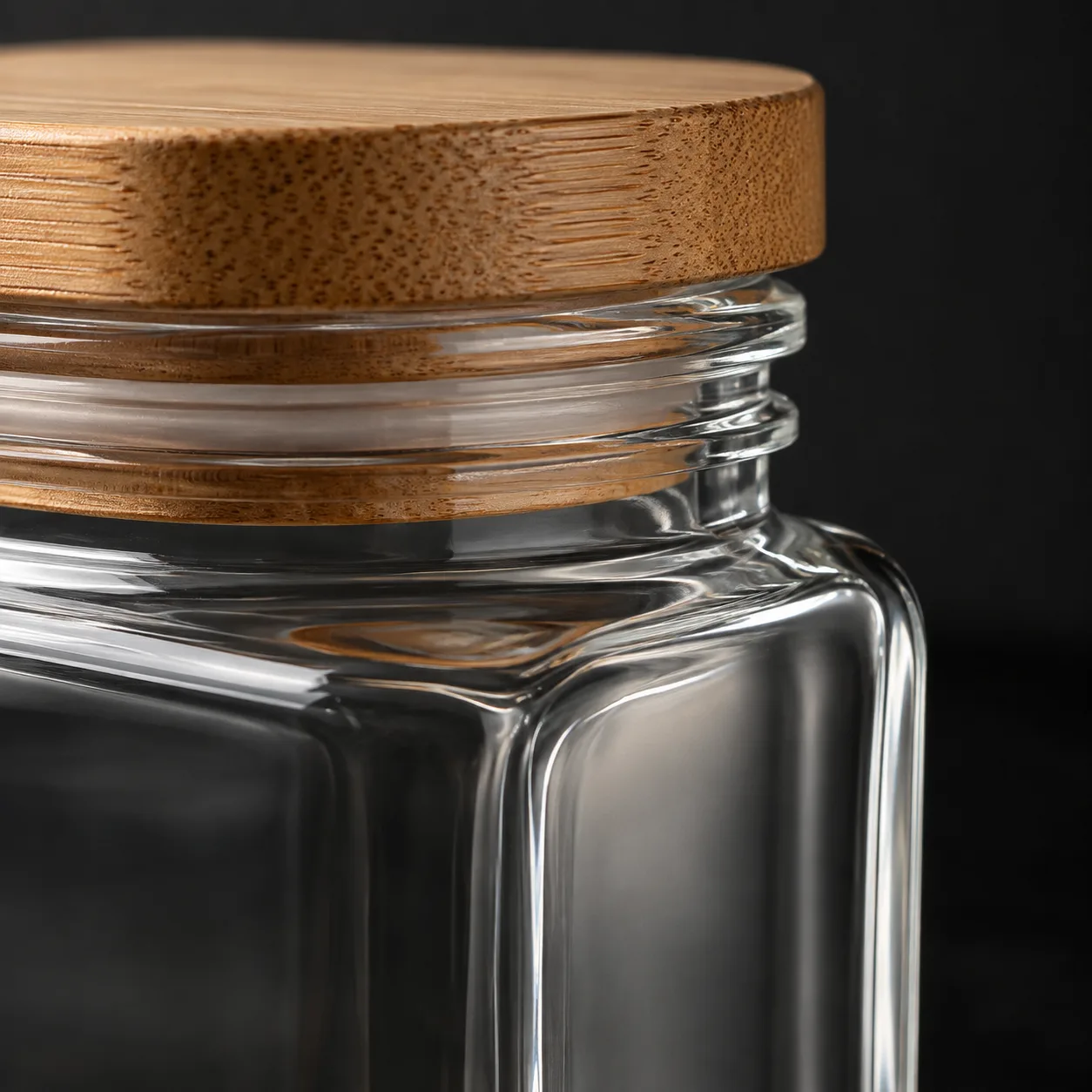 Close view of Square Food Jar showing glass wall and label / lid branding