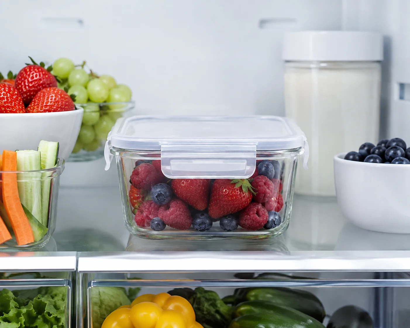 Square Glass Food Storage Container in a kitchen or food-storage setting for meal preparation and leftovers.