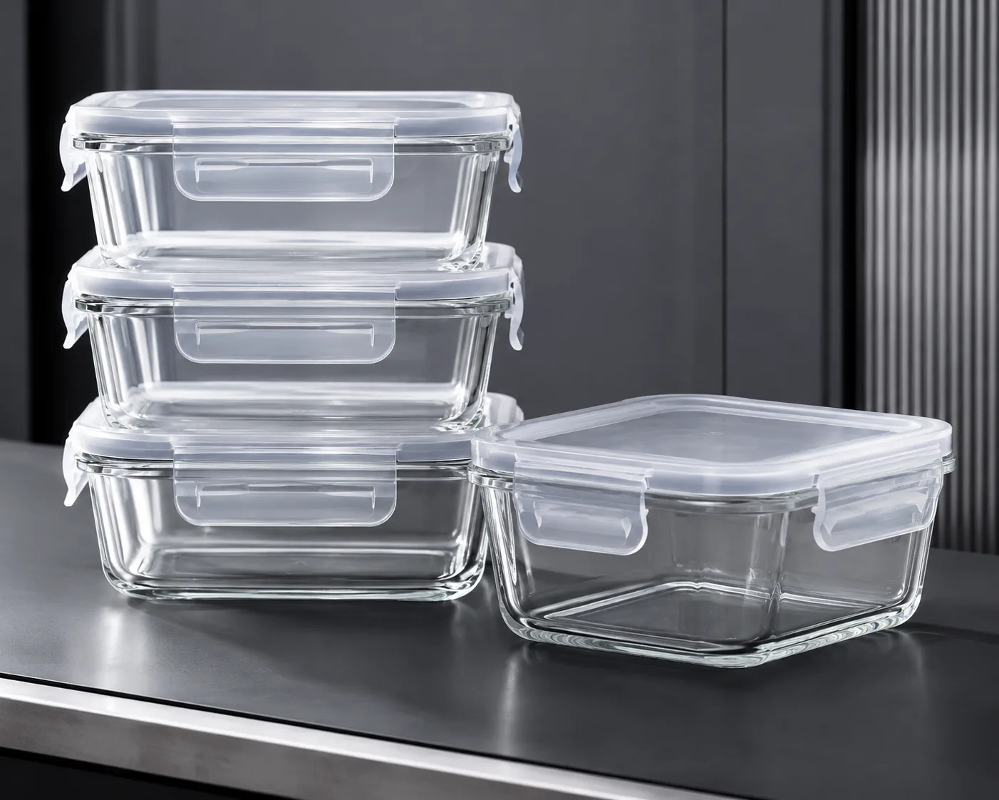 Square Glass Food Storage Container in a coordinated pantry or meal-preparation display.