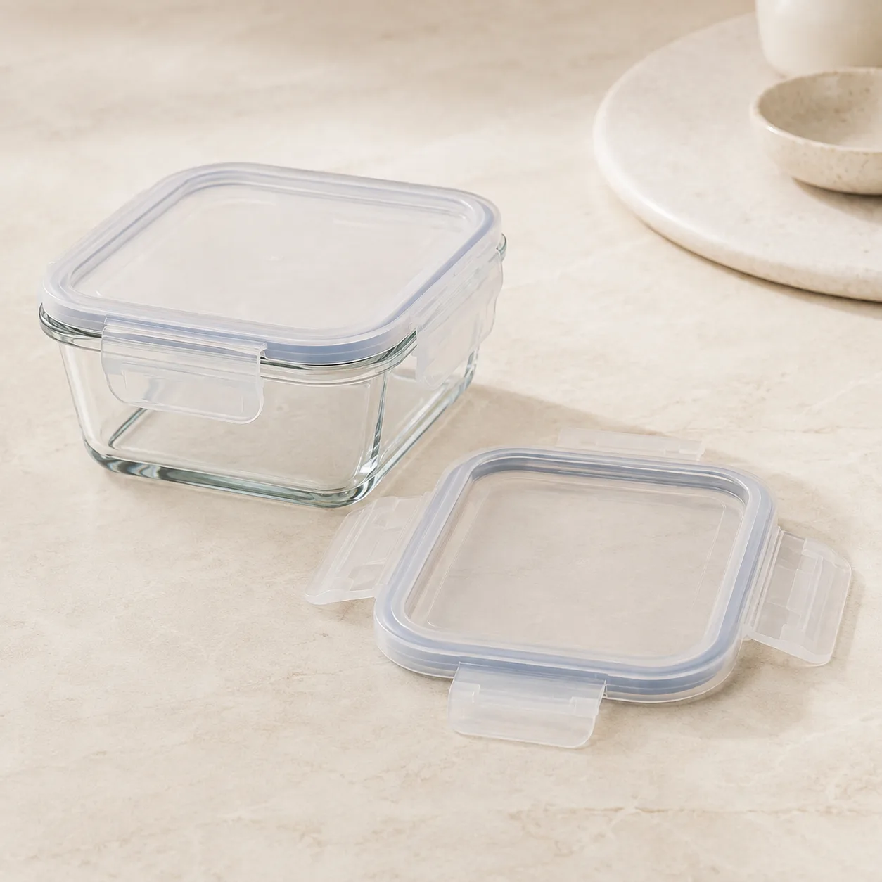 Angled side view of Square Glass Food Storage Container showing the outer profile