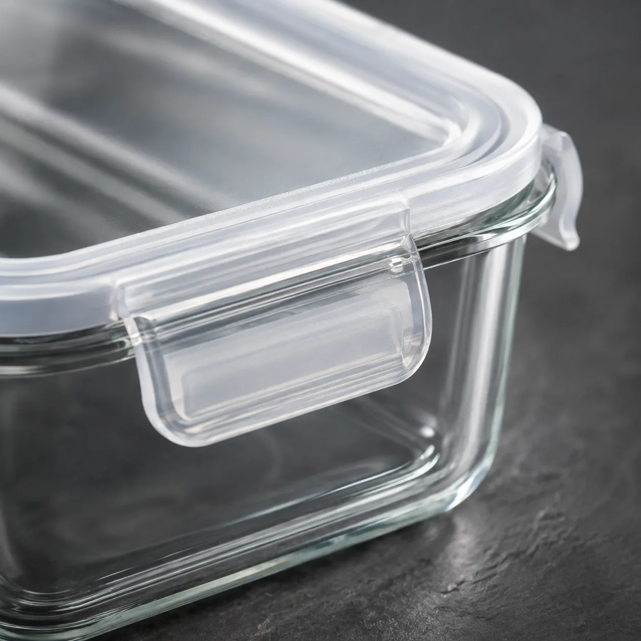 Close view of Square Glass Food Storage Container showing glass wall and label / lid branding